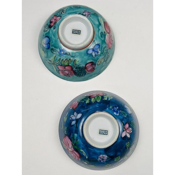 VTG Set 2 Handpainted Japanese Porcelain 4.5" Floral Rice Soup BOWLS Teal Pink - Picture 4 of 5